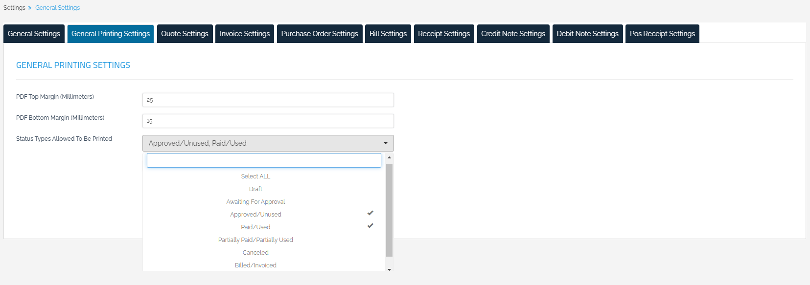 Commercial Documents Settings - Qoyod