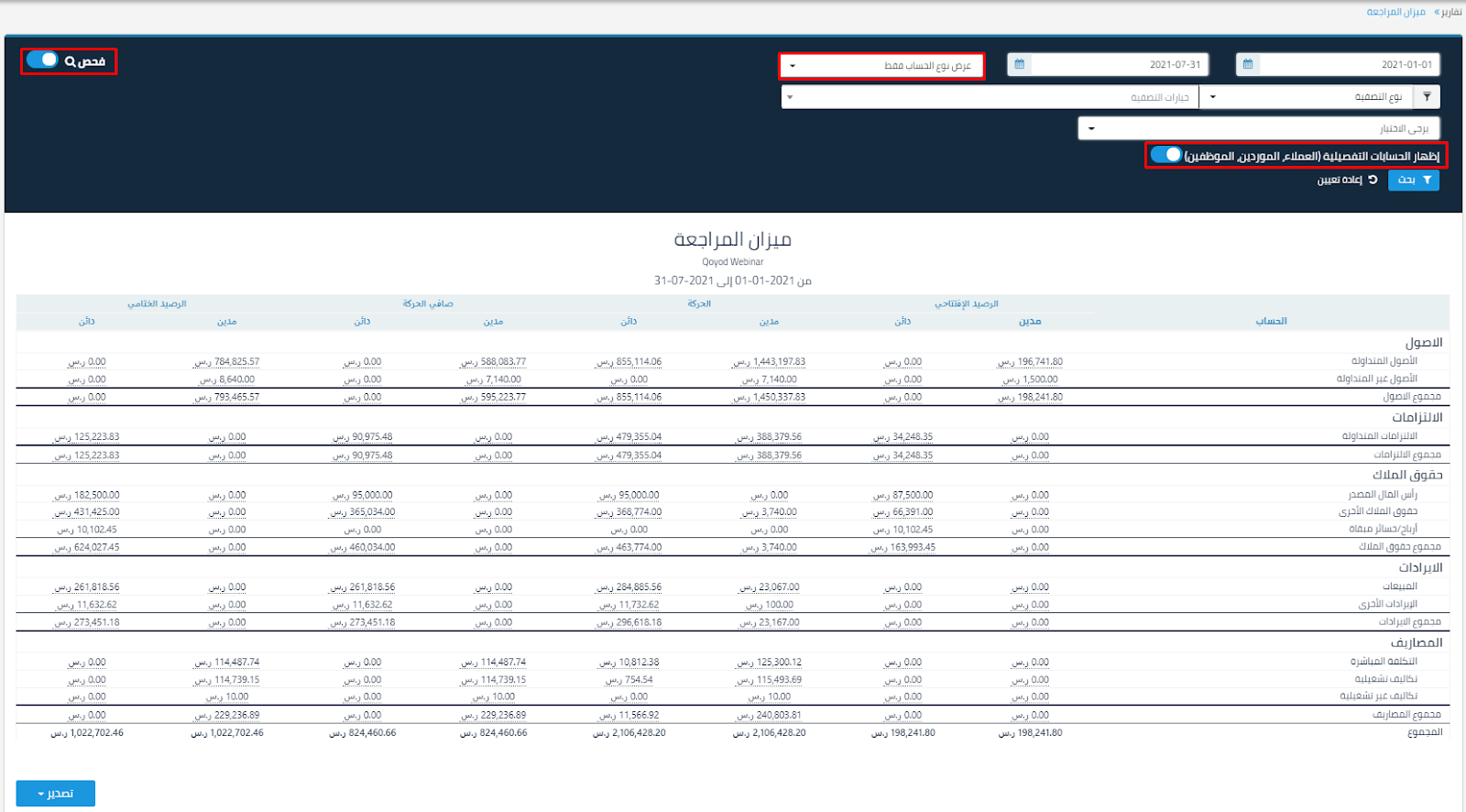 تقرير ميزان المراجعة - قيود