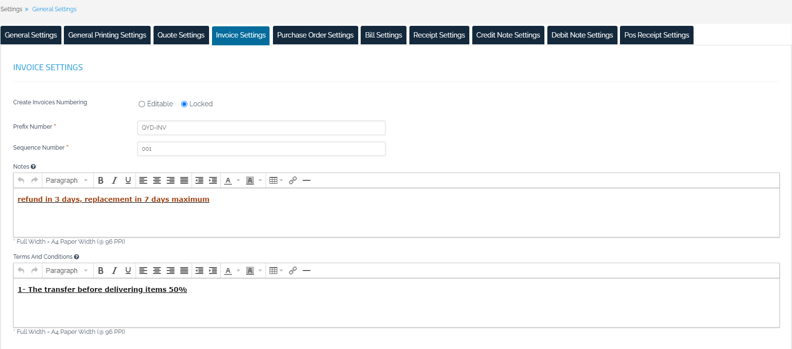 Commercial Documents Settings - Qoyod