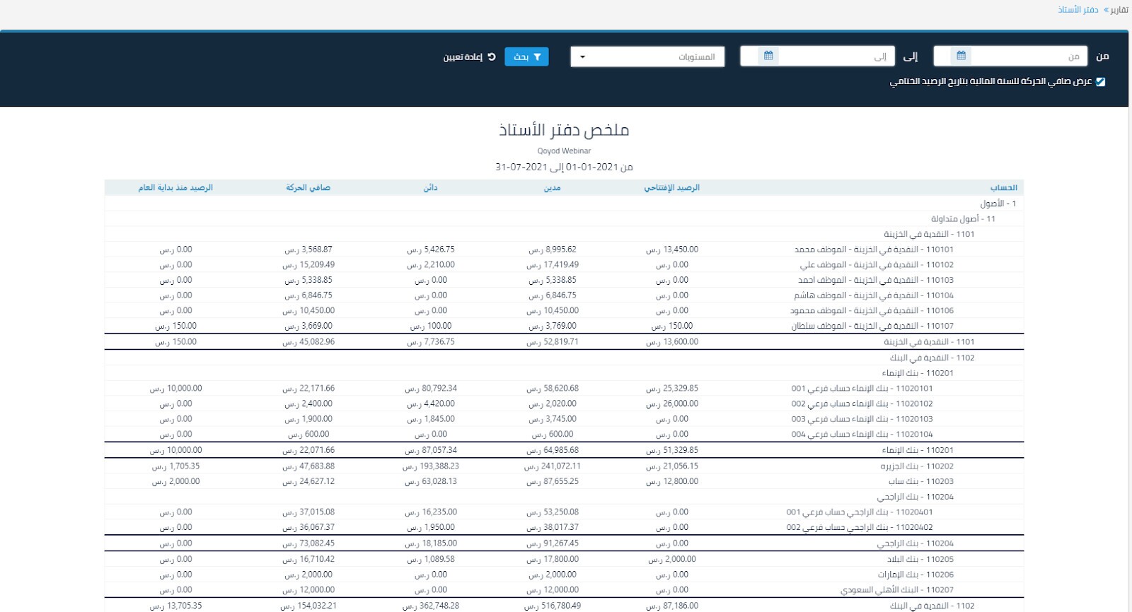 تقرير دفتر الأستاذ - قيود